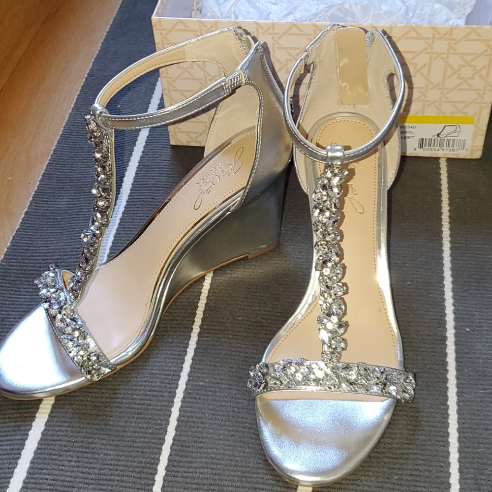 Badgley Mischka Silver Jeweled T-Strap Wedge Sandals